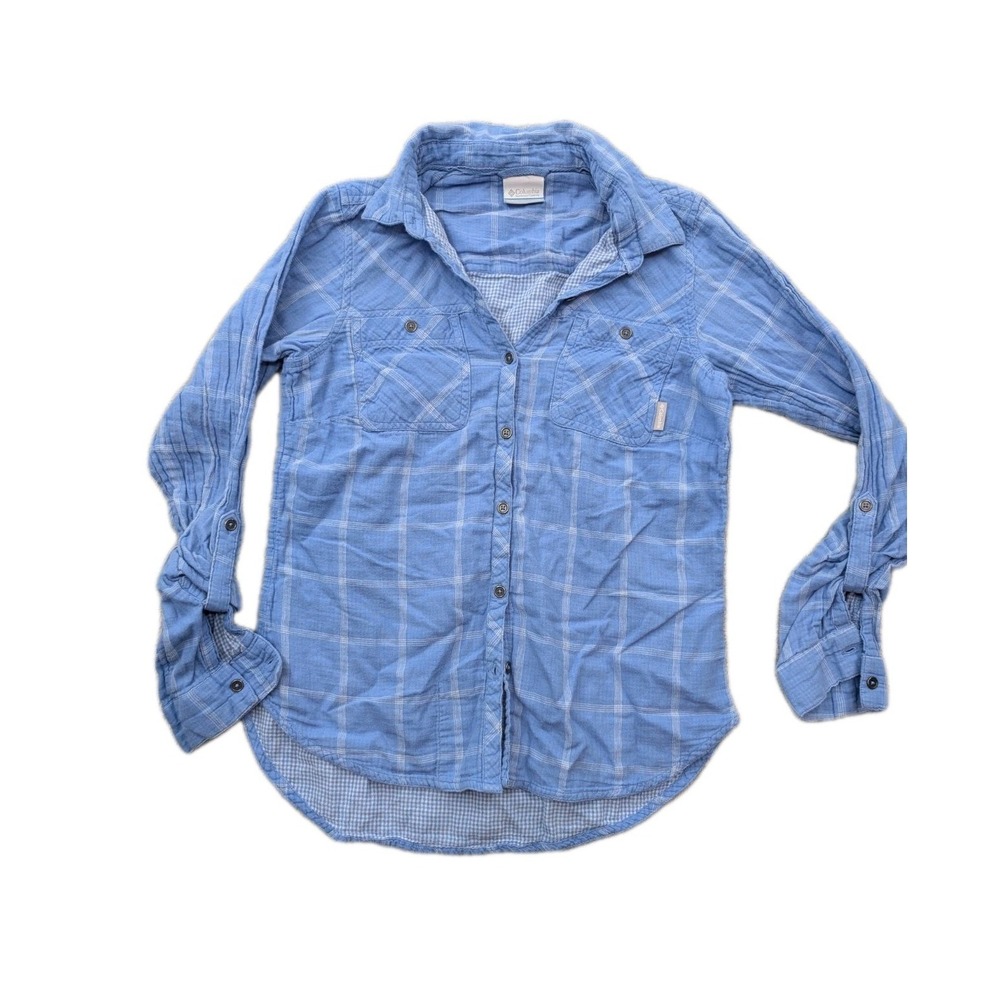 Columbia Womens Button Down Blue Plaid Casual Blouse Outdoor Shirt S